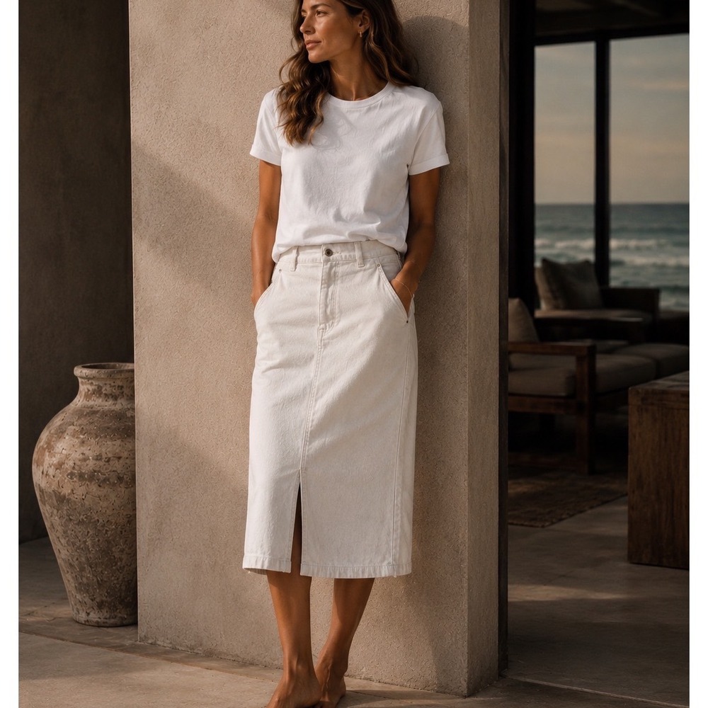ICHI‎ IHZIGGI Denim Midi Skirt Women 38 White Front Slit High Waisted 20118782